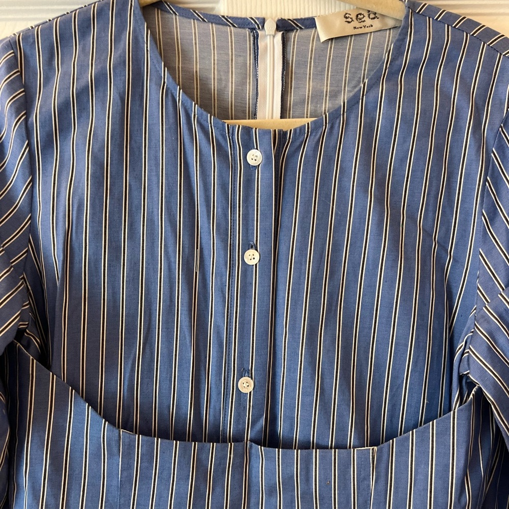 Sea New York Blue Pinstripe Long Sleeve Puff-Sleeve Dress with White Cuffs - Picture 4 of 11